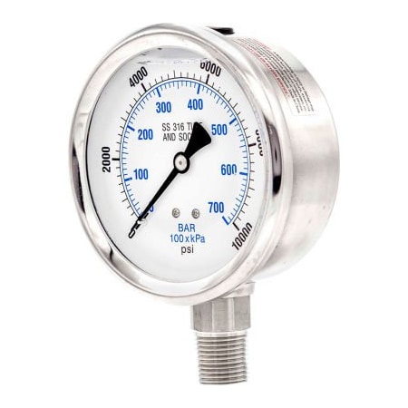 Engineered Specialty Products, Inc Pic Gauges 4" Pressure Gauge, Liquid Fill, 10000 PSI, All Stainless Steel, Lower Mount, 301L-402U 301L-402U